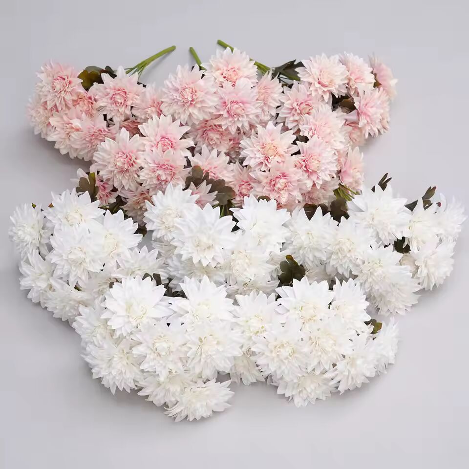 A840604 1.47ft Artificial White Pink Silk Dahlia Chrysanthemum Flower Bouquet Wedding Floral Arrangement Materials Party Props